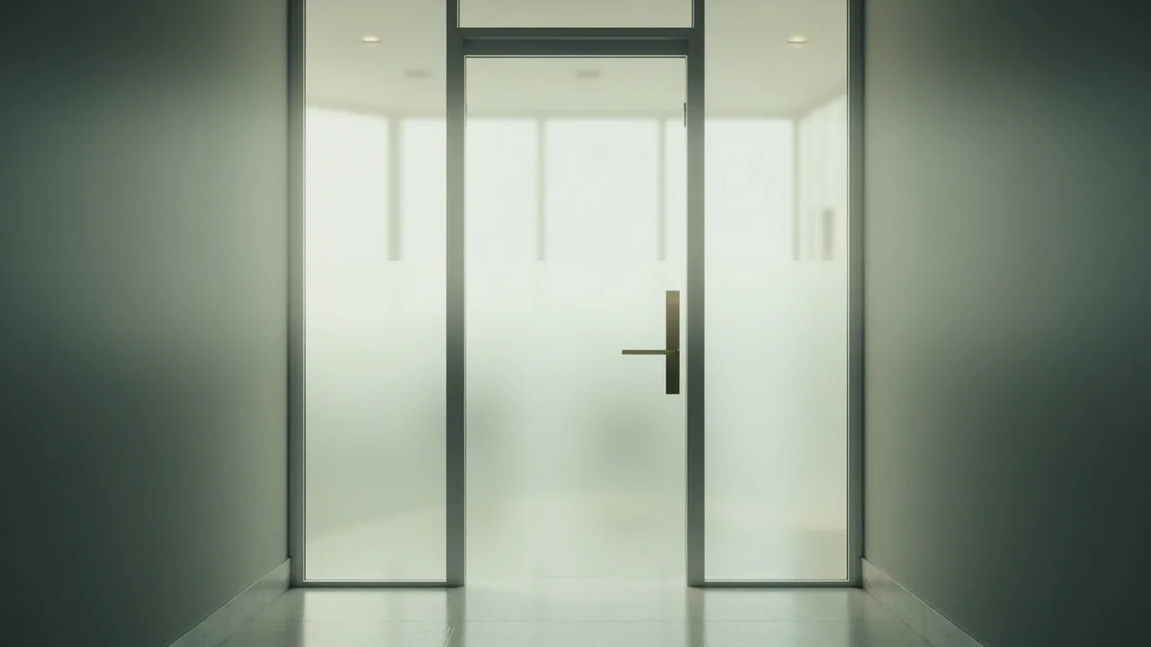A modern office space with glass walls showing the Sorare logo and a conference table