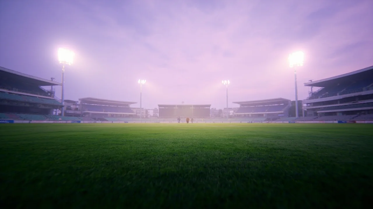 Wide-angle photograph of a stadium pitch from the upper tier with a tactical formation overlaid