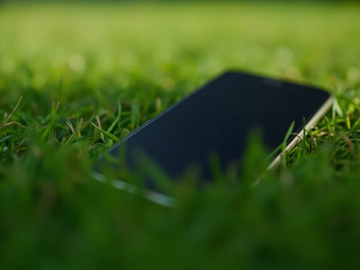 Editorial photograph of a modern smartphone resting on the cricket outfield grass beside the boundary rope