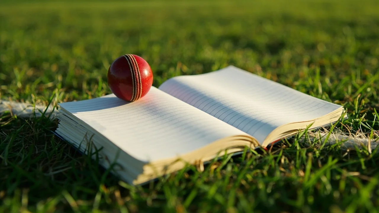 Open ruled notebook and a single cricket ball resting on outfield grass beside the boundary rope, illustrating a tactics briefing