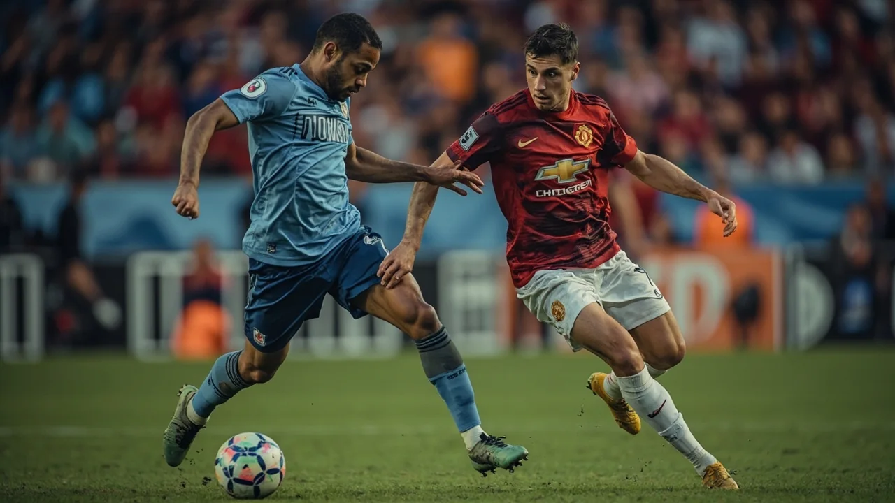 Editorial sideline frame of a player in mid-stride during a match, the ball in play just ahead of them.