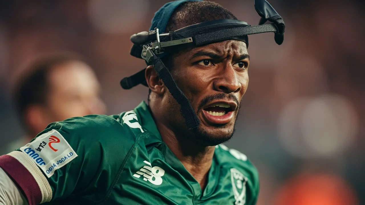 Editorial sideline frame of a footballer in mid-stride during a match, the ball in play just ahead of them and a defender closing.