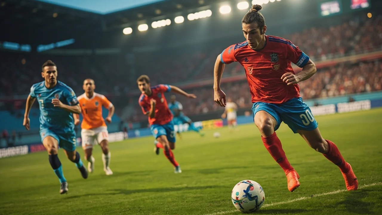 Mid-distance view of a team shape in possession on the pitch, with two midfielders opening the next pass.